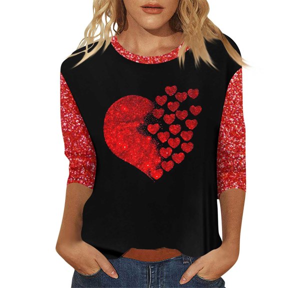 WTXUE Valentines Day Tshirt Women Love Heart Printed Graphic Tee 3/4 Sleeve Tunic Blouses Cute Summer Tops Loose Summer Tops Loose Fit T Shirts Cute Blouses Loose Fit Blouses Black M