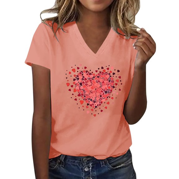 WTXUE Valentines Shirt Woman Love Heart Printed Shirts Graphic Tees V Neck Short Sleeve Tops Cute Soft T Shirts Comfy Shirts Work Shirts Casual Shirts Graphic T Shirts Plus Size Blouses Pink Xxl
