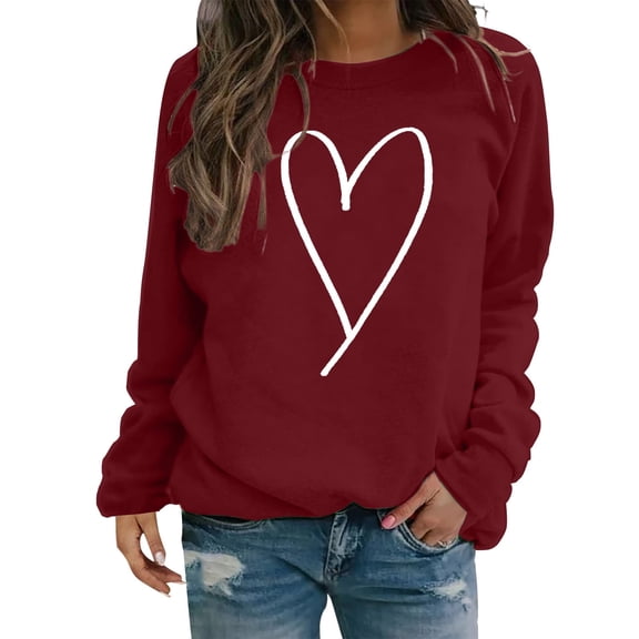 WTXUE Valentines Shirt for Women Causal Heart Print Graphic Long Sleeve Oversized Blouse Tops Plus Size Crewneck Sweatshirt Loose Valentine Tunic Sweatshirts Wine Xl