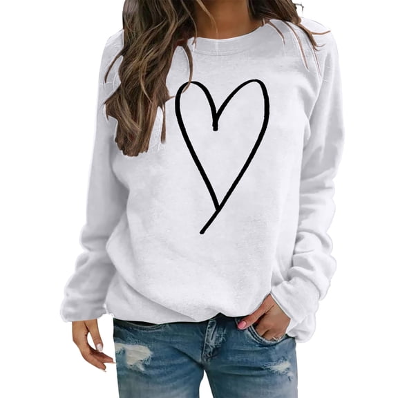 WTXUE Valentines Shirt for Women Causal Heart Print Graphic Long Sleeve Oversized Blouse Tops Plus Size Crewneck Sweatshirt Loose Valentine Tunic Sweatshirts White S