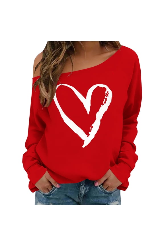 Valentines Shirts Off Shoulder Shirt Love Heart Print Crewneck Long Sleeve Heart Print Shirts Tunic Sweatshirts Trendy Tops Oversized Pullover Tops Casual Tops Love Heart Holiday Shirts Red M