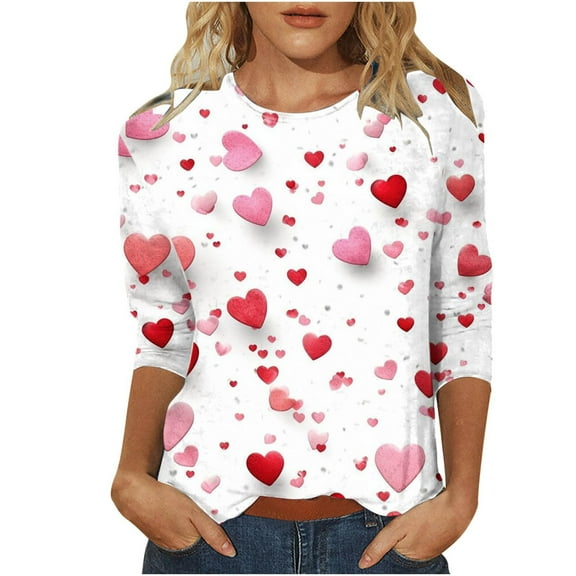 WTXUE Valentines Shirts for Women Love Heart Printed Graphic Tee 3/4 Sleeve Basic Tees Casual Blouses Loose Tops for Summer Loose Shirts Loose Blouses Fitted Blouses Tshirts Red M