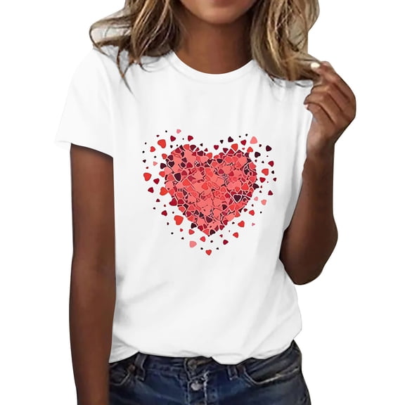 WTXUE Valentines T Shirts Love Heart Printed Shirts Graphic Tees Crewneck Short Sleeve Tops Vacation Tops Lightweight Shirts Slimming Shirts Trendy Cooling Shirts Thin Tshirts White Xxl