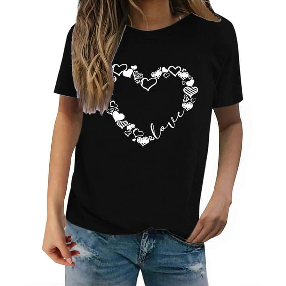 WTXUE Valentines Tshirt Heart Printed Shirts Graphic Tees Short Sleeve Fitted Blouses Comfy Shirts Graphic Tops Crop Shirts Breathable Shirts Graphic Shirts Beach Tops Black 3Xl
