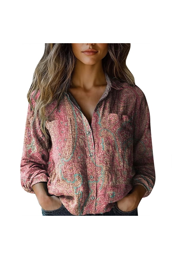 Vintage Boho Retro Floral Print Tops Button Down Shirts Bohemian Top Ethnic Boho Floral Printed Casual Retro Ethnic Blouses Casual Long Sleeve Oversized Top Tees Bohemian Top Pink S