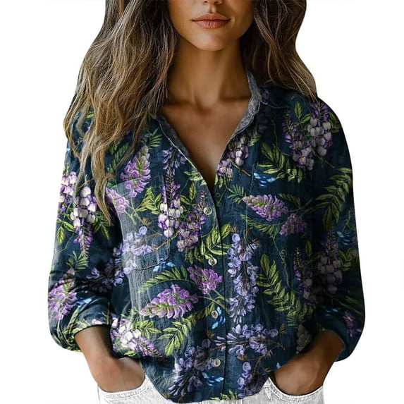 WTXUE Vintage Retro Floral Print Boho Tops for Women Long Sleeve Shirts Button Down Shirts Ethnic Blouses Casual Loose Tunics Vacation Beach Outfits Loose Blouses Casual Blouses Navy 4Xl