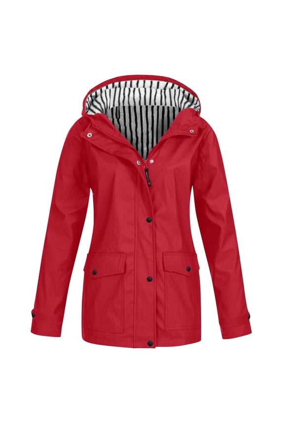 Waterproof Jackets for Women, Long Sleeve Rain Jacket Women Zip up Casual Hoodies Lightweight Windbreaker Jackets Coat Travel Jackets, Patchwork Outerwear Jackets for Women | Red M