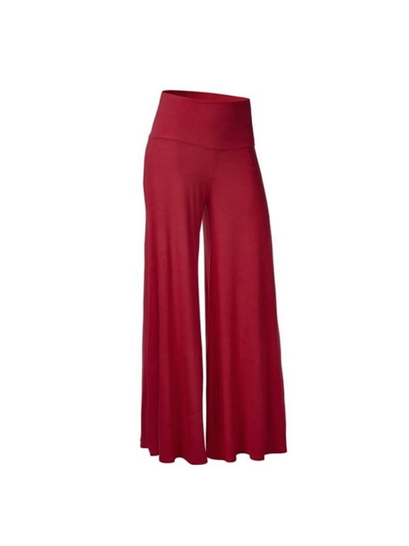 Wide Leg Pants, Bell Bottoms High Womens Wide Casual Color Yoga Pants Stretch Comfy Loose Leg Waist Solid Pants, Palazzo Pants Slacks, 2-Red