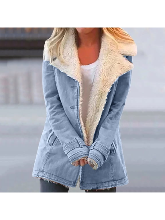 Winter Coat for Women Warm Sherpa Lined Outerwear Fleece Oversized Jacket Coats Lapel Stand Collar Button Plus Size Trendy Winter Outifits with Pockets Sky Blue L