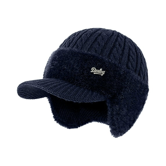 WTXUE Winter Knit Hat with Ear Flaps Men Lined Trendy Baseball Beanie Cuff Hats with Visor Winter Warm Earflaps Ski Cap Cycling for Outdoor Activity Navy One Size