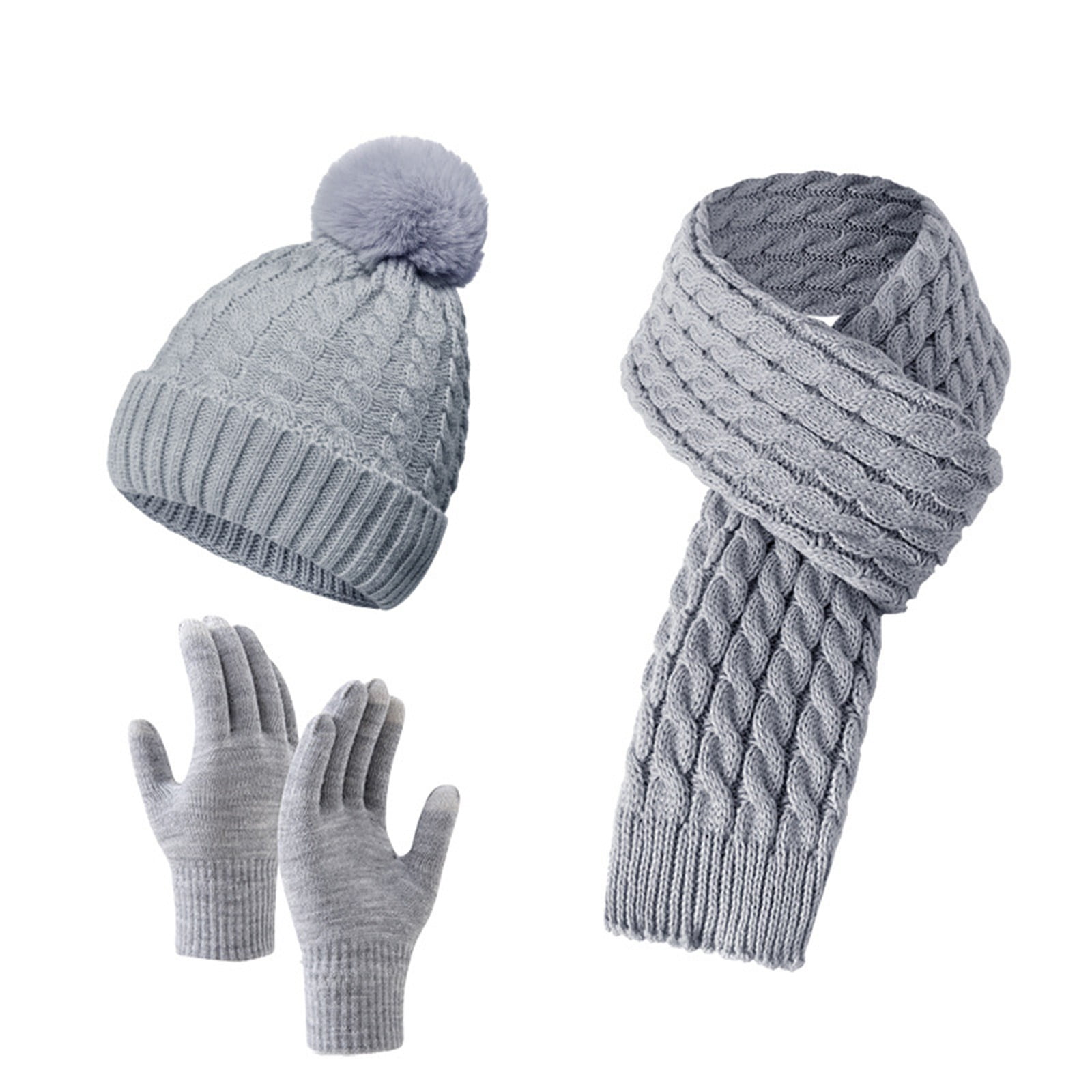 WTXUE Winter Warm Knit Scarf Gloves Beanie Hat Set Hat Circle Scarf Touchscreen Gloves Set,Snow Knit Skull Cap,Warm Thick Fleece Lined Neck Warmer Scarf Set Grey One Size
