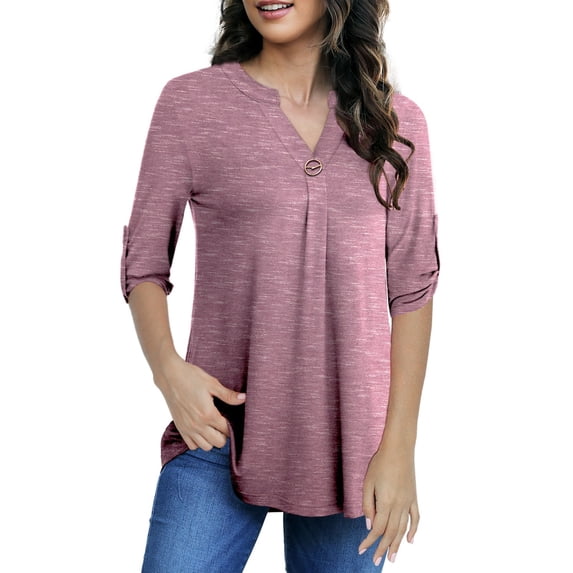 WTXUE Women 3/4 Roll Tab Sleeve Shirts Plus Size Notch V Neck Blouses Flowy Peasant Blouse Dressy Casual Tunic Tops Pleated Shirts 2026 Fall Work Tunic Tee Tshirts Office Outfits Purple Xxl