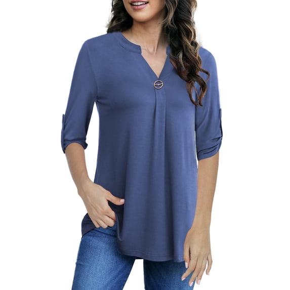WTXUE Women 3/4 Roll Tab Sleeve Shirts Plus Size Notch V Neck Blouses Flowy Peasant Blouse Dressy Casual Tunic Tops Pleated Shirts 2026 Fall Work Tunic Tee Tshirts Office Outfits Blue M