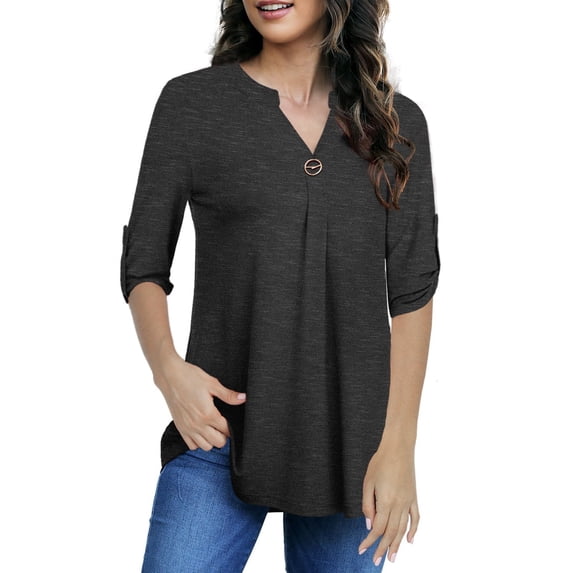 WTXUE Women 3/4 Roll Tab Sleeve Shirts Plus Size Notch V Neck Blouses Flowy Peasant Blouse Dressy Casual Tunic Tops Pleated Shirts 2026 Fall Work Tunic Tee Tshirts Office Outfits Black L