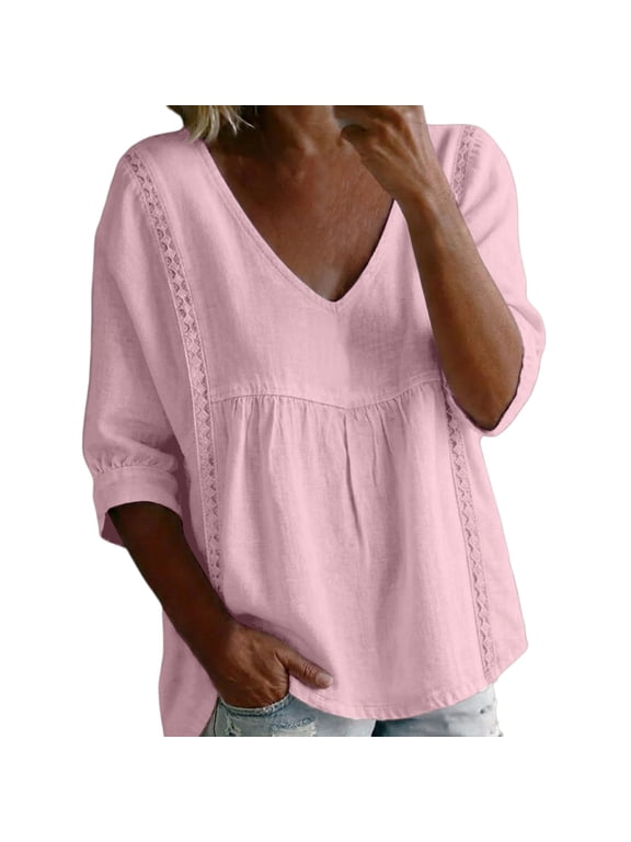 Women 3/4 Sleeve Eyelet Flowy Babydoll Peplum Tunic Tops Loose Fit Deep V Neck T Shirts Summer Boho Blouses Peasant Blouse Cute Gauze Cotton Linen Shirts Lightweight Plus Size Shirts Pink Xl