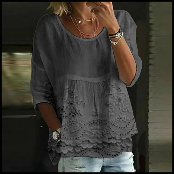 WTXUE Women Blouses 3/4 Length Sleeve Womens Tops Print T Shirt Half Sleeved Round Neck Shirt 3/4 Sleeved T Shirt Loose Large Size T Shirt Plus Size Flowy Tops Loose Fitting Tops Dark Grey Xl