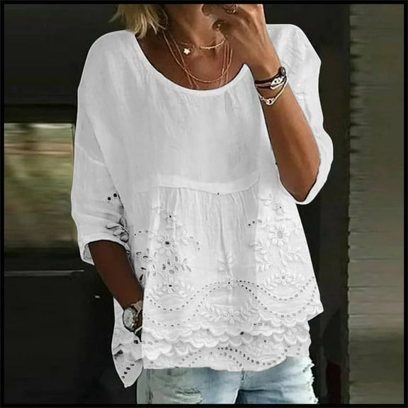 WTXUE Women Blouses 3/4 Length Sleeve Womens Tops Print T Shirt Half Sleeved Round Neck Shirt 3/4 Sleeved T Shirt Loose Large Size T Shirt Plus Size Flowy Tops Loose Fitting Tops White Xxl
