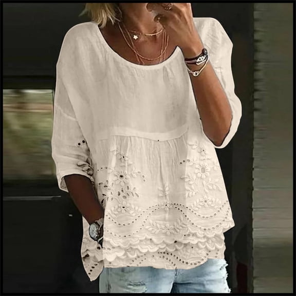 WTXUE Women Blouses 3/4 Length Sleeve Womens Tops Print T Shirt Half Sleeved Round Neck Shirt 3/4 Sleeved T Shirt Loose Large Size T Shirt Plus Size Flowy Tops Loose Fitting Tops Beige M