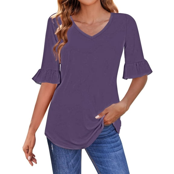 WTXUE Women Blouses 3/4 Length Sleeve Womens Tops S Womens Tops Blouses for Women Casual Tops Trendy Shirts Spring Clothes 2025 V Neck Tops for Women Tunic Tops Basic Tees for Women Purple 3Xl