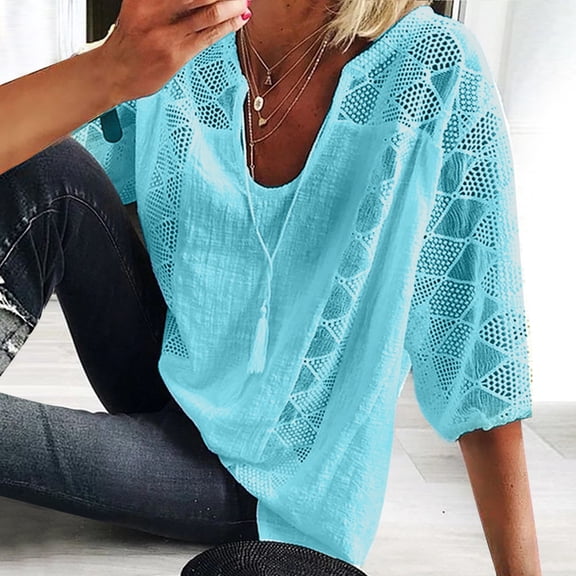 WTXUE Women Blouses Lace Top Women'S Solid Color Lace Stitching U Neck Cropped Sleeve T Shirt Loose Shirt Loose Fitting Tops for Women Elbow Sleeve Tops Women Tops for Women Trendy Blue S