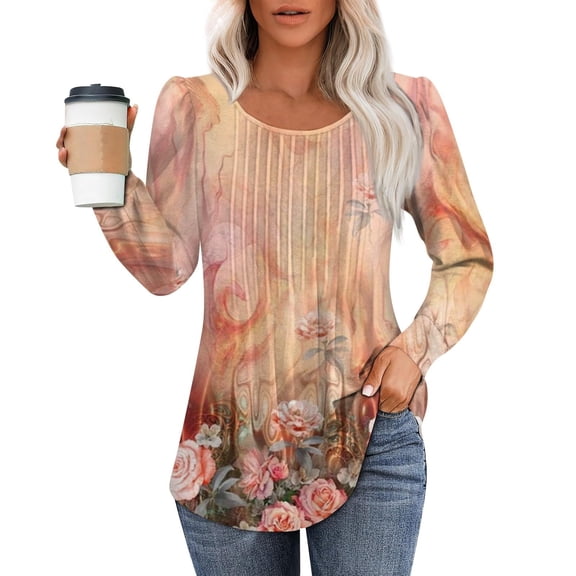 WTXUE Women Blouses Long Sleeve Shirts Fall Tops Pleated Shirts Casual Crewneck Floral Print Blouse Plus Size Tees Loose Fitting Tops Crewneck Sweatshirts Women Basic Tees for Women Rose Gold M