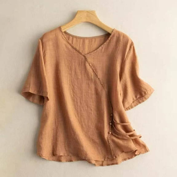 WTXUE Women Blouses Short Sleeve Shirts 2025 Summer Retro Plate Button Down New Chinese Tilt Tea Clothes Top T Shirt Loose Fitting Tops Womens Tops Casual Embroidered Tops for Women Brown 4Xl