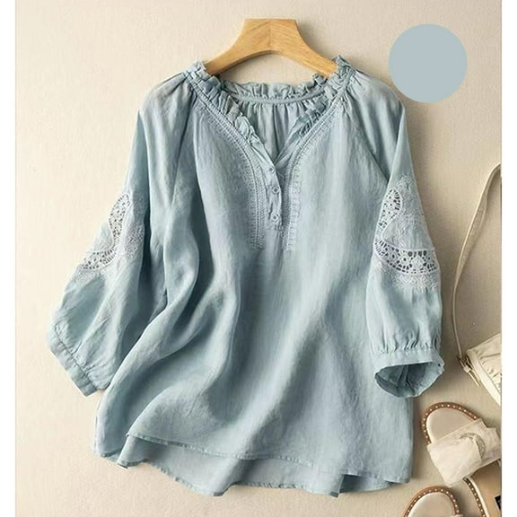 WTXUE Women Blouses Short Sleeve Shirts Cropped Sleeve Shirt V Neck Literary Retro Slim Embroidered Top 2025 Cotton Summer New T Shirt Linen Shirts Loose Fitting Embroidered Tops for Women Blue L
