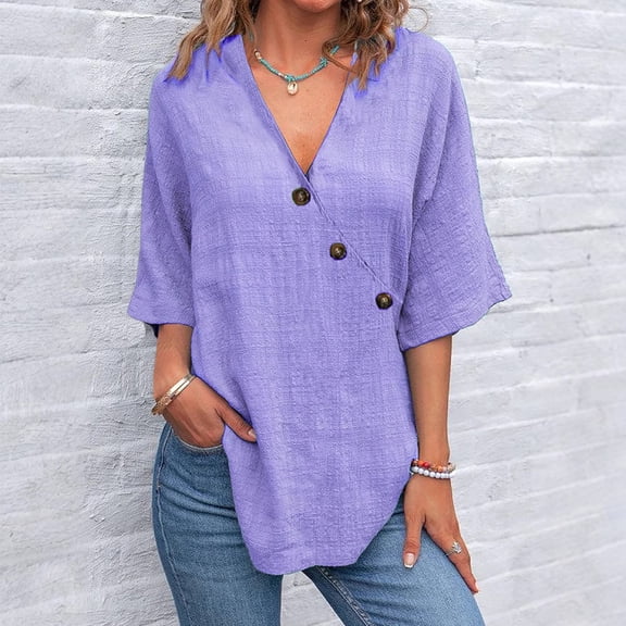 WTXUE Women Blouses Short Sleeve Shirts Linen Shirts for Women Summer Casual Cotton V Neck Short Sleeve Loose Blouses Tunic Tops Linen Shirts Loose Fitting Tops Basic Tees for Women Purple Xxl