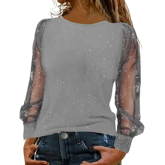 WTXUE Women Casual Dressy Shirt Sheer Mesh Patchwork Long Sleeve Glitter Tunic Tops Sparkly Loose Crewneck Pullover Tops Casual Trendy Bling Blouse for Evening Party Travel Fall Clothes Grey M