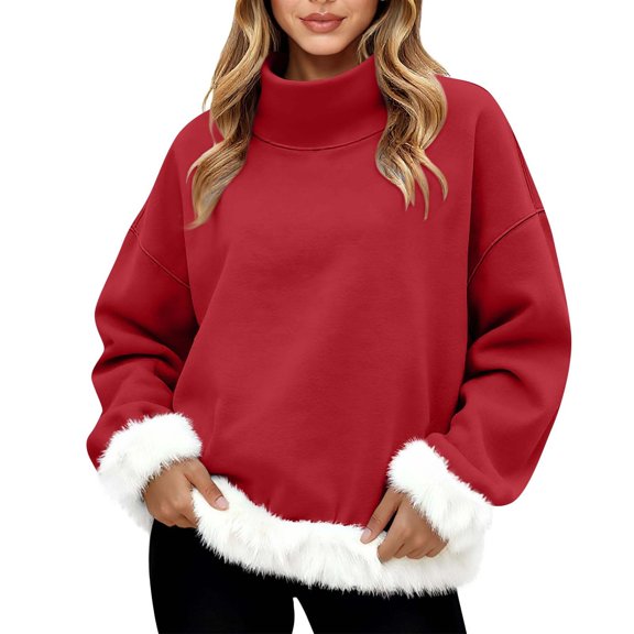 WTXUE Women Christmas Sweatshirts Turtleneck Long Sleeve Pullover Top Fashionable Casual Fleece Edge Oversized Tunic Sweatshirts Loose Warm Pullover Red M