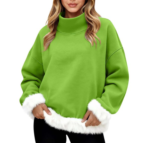 WTXUE Women Christmas Sweatshirts Turtleneck Long Sleeve Pullover Top Fashionable Casual Fleece Edge Oversized Tunic Sweatshirts Loose Warm Pullover Light Green Xl