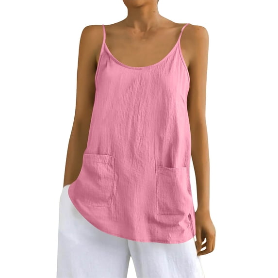 WTXUE Women Cotton Linen Tank Tops Casual Sleeveless Crewneck Camisole Loose Fit Spaghetti Strap Cami Shirts Sundress with Pockets Casual Work Blouse Dressy Casual Beach Vacation Blouses Pink Xl
