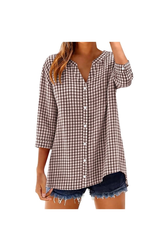 Women Gingham Plaid Striped Tops 3/4 Sleeve Button Down Plaid Shirts Basic Tees Plaid Shirts Gingham Top Button Down 3/4 Sleeve Dress Casual Shirts Comfortable Tops Loose Fit Tops Coffee L
