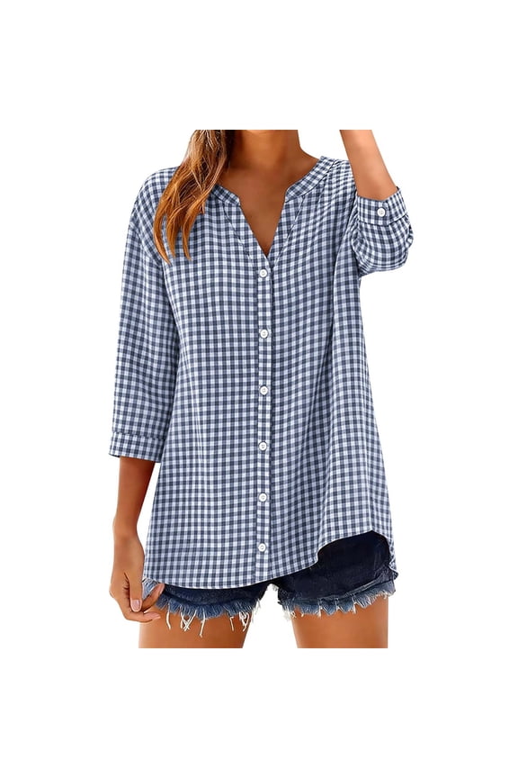 Women Gingham Plaid Striped Tops 3/4 Sleeve Button Down Plaid Shirts Beach Tops Plaid Shirts Plaid Gingham Blouse Shirts Loose Fit Blouses Plus Size Tops Business Casual Work Tops Navy L