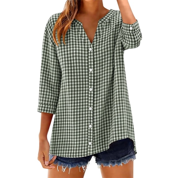WTXUE Women Gingham Plaid Striped Tops 3/4 Sleeve Button Down Plaid Shirts Button Down Plaid Shirts Fitted Blouses Button Down Plaid Shirts Casual Loose Fit Blouses Plus Size Tops Green L