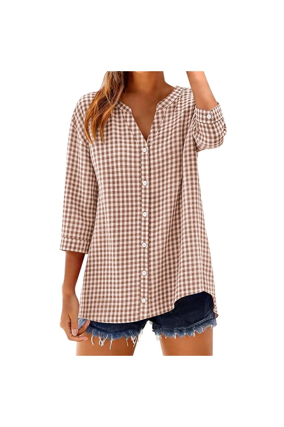 Women Gingham Plaid Striped Tops 3/4 Sleeve Button Down Plaid Shirts Button Down Plaid Shirts Plaid Blouse Peasant Button Down Plus Size Tops Wrinkle Free Button Down Shirts Brown M