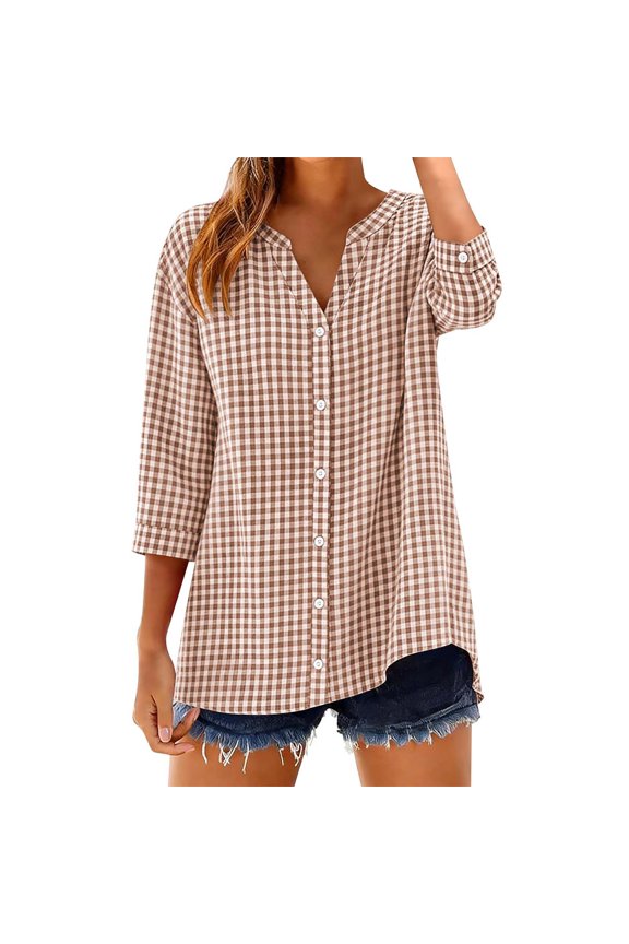 Women Gingham Plaid Striped Tops 3/4 Sleeve Button Down Plaid Shirts Plaid Blouse Peasant Button Down Gingham Top Button Down 3/4 Sleeve Dress Casual Shirts Elegant Casual Blouses Brown L