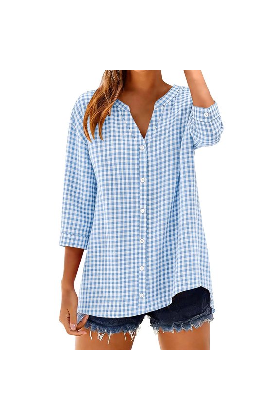 Women Gingham Plaid Striped Tops 3/4 Sleeve Button Down Plaid Shirts Trendy Work Tops Fashion Tops Work Tops Gingham Top Button Down 3/4 Sleeve Dress Casual Shirts Plaid Shirts Blue Xxl