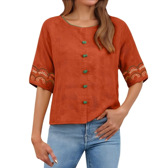 WTXUE Women'S Boho Retro Embroidered Cotton Linen Shirts for Women Summer 3/4 Sleeve Tunic Shirts Button Crewneck Blouses Casual Tops Comfortable Tops Dressy Shirts Cotton Linen Tops Red M