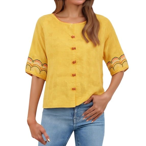 WTXUE Women'S Chinese Style Retro Embroidered 3/4 Sleeve Cotton and Linen Shirt Round Neck Button Down Top Tunic Shirts Embroidered Blouses Work Shirt Casual Blouses Casual Blouses Yellow Xxl
