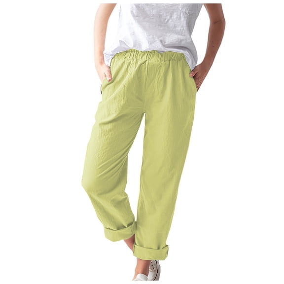 WTXUE Women'S Pants, Cropped Elastic Waisted Pants For Women Solid Color Loose Straight Pants With Pockets For Beach Work Business, Ankle-Length, Green