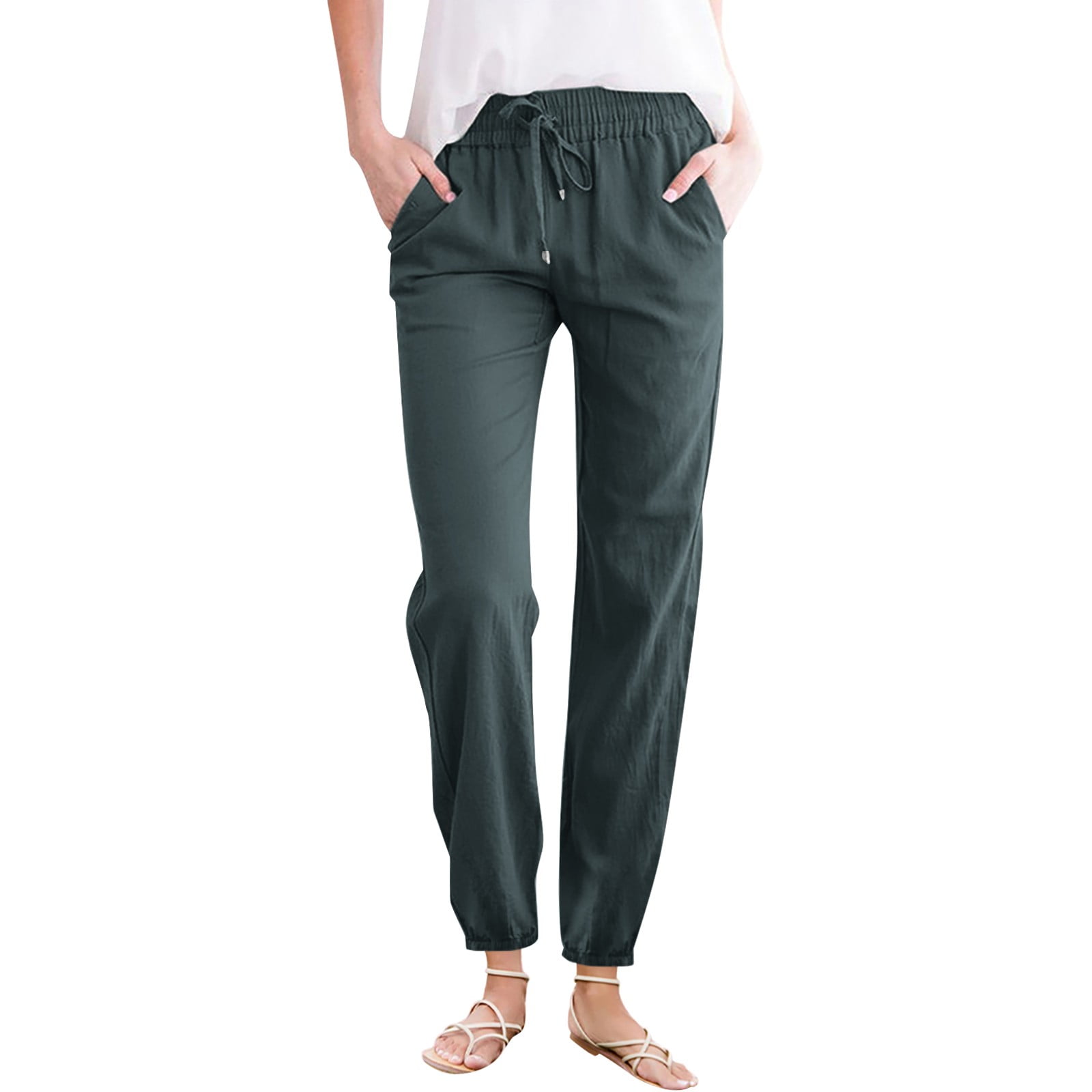 WTXUE Women's Pants, Womens Trousers Women's Solid Cotton And Linen Drawstring Loose Casual Leggings, Slacks Linen Pants Women Pantalones De Mujer, Olive green