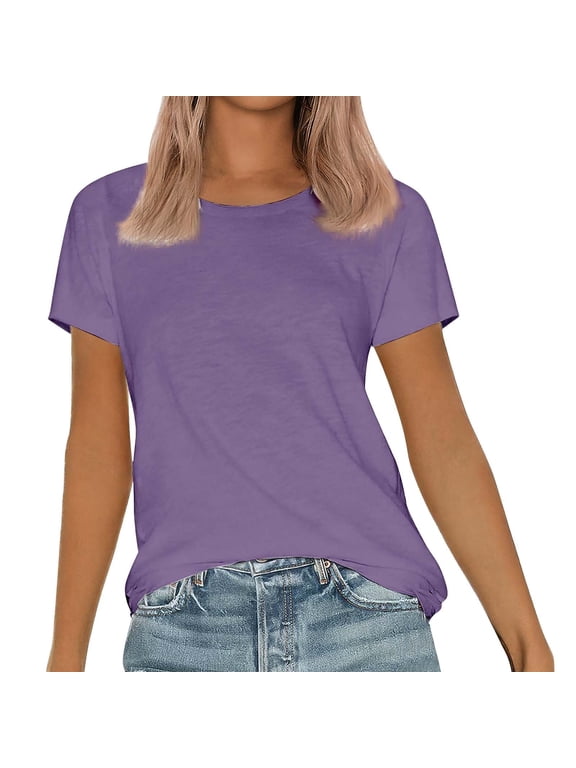Women'S T-Shirts Womens Short Sleeve Round Neck Shirts Summer Saving Top Basic Tee, Purple Small