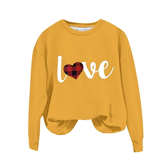 WTXUE Women Valentine Sweatshirt Love Hearted Print Long Sleeved Crewneck Loose Fitting Tops Breathable Workout Tops Crewneck Sweatshirt Crewneck Sweatshirts Yellow Xl