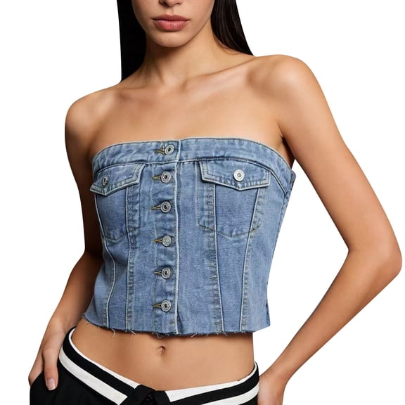 WTXUE Women's Button Up Strapless Denim Crop Top Jean Tube Tops Denim Tube Tops Strapless Sleeveless Bandeau Crop Tops Raw Hem Fitted Crop Jean Tube Tops Denim Off-Shoulder Tube Top Light Blue M