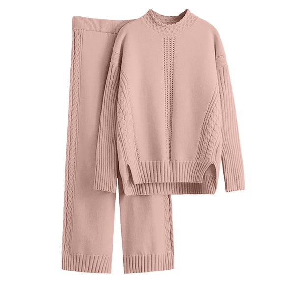 WTXUE Women's Cable Knit Sweater Set, Long Sleeve Mock Neck Pullover Top with Matching Knit Pants Soft Warm Lounge Sets Loose Fit Sleepwear Casual Home Wear Sets Red One Size