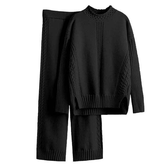 WTXUE Women's Cable Knit Sweater Set, Long Sleeve Mock Neck Pullover Top with Matching Knit Pants Soft Warm Lounge Sets Loose Fit Sleepwear Casual Home Wear Sets Black One Size