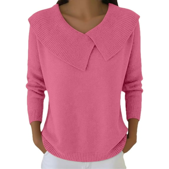 WTXUE Women's Collared Sweater Loose Fit Long Sleeve Pullover Casual Oversized Trendy Ribbed Knit Tops Dressy Casual Blouses Tunic Sweatshirts Casual Shirts Fashion Plus Sized T Shirts Hot Pink 3Xl