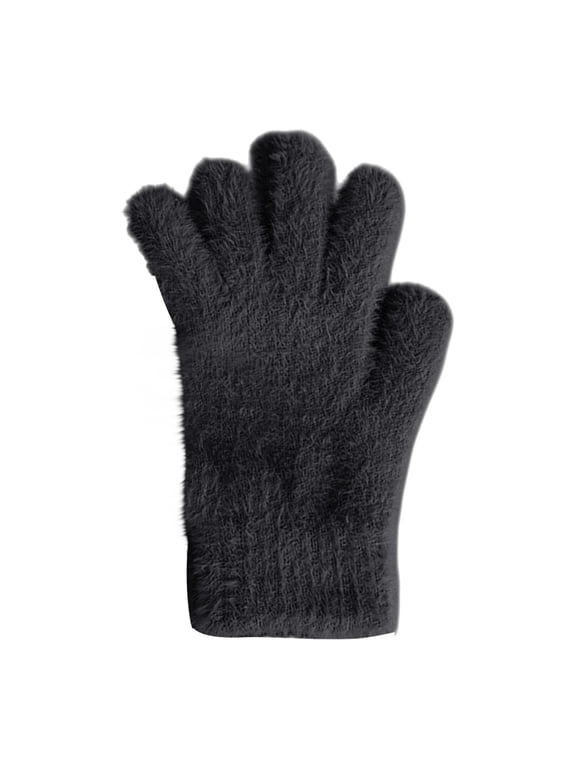 Women's Coral Velvet Knitted Full Finger Gloves Fuzzy Five-Finger Gloves Cute Fluffy Warm Gloves, Soft Winter Gloves for Outdoor, Daily Black One Size