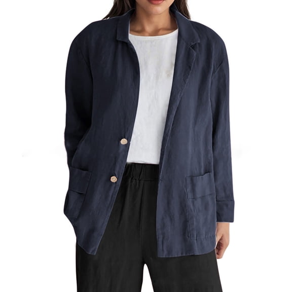 WTXUE Women's Cotton and Linen Shirts Lightweight Trendy Business Blazer Casual Long Sleeve Button Jacket Loose Fit Work Office Cardigans Coats with Pockets Navy Xl